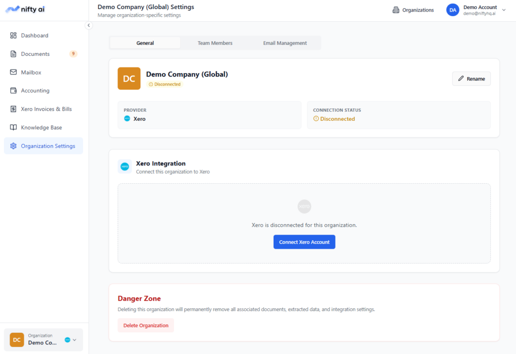 Nifty AI organization settings page showing Xero integration status and connection options.