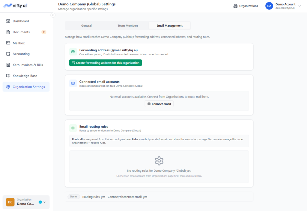 Nifty AI email management interface with forwarding address and routing rules.